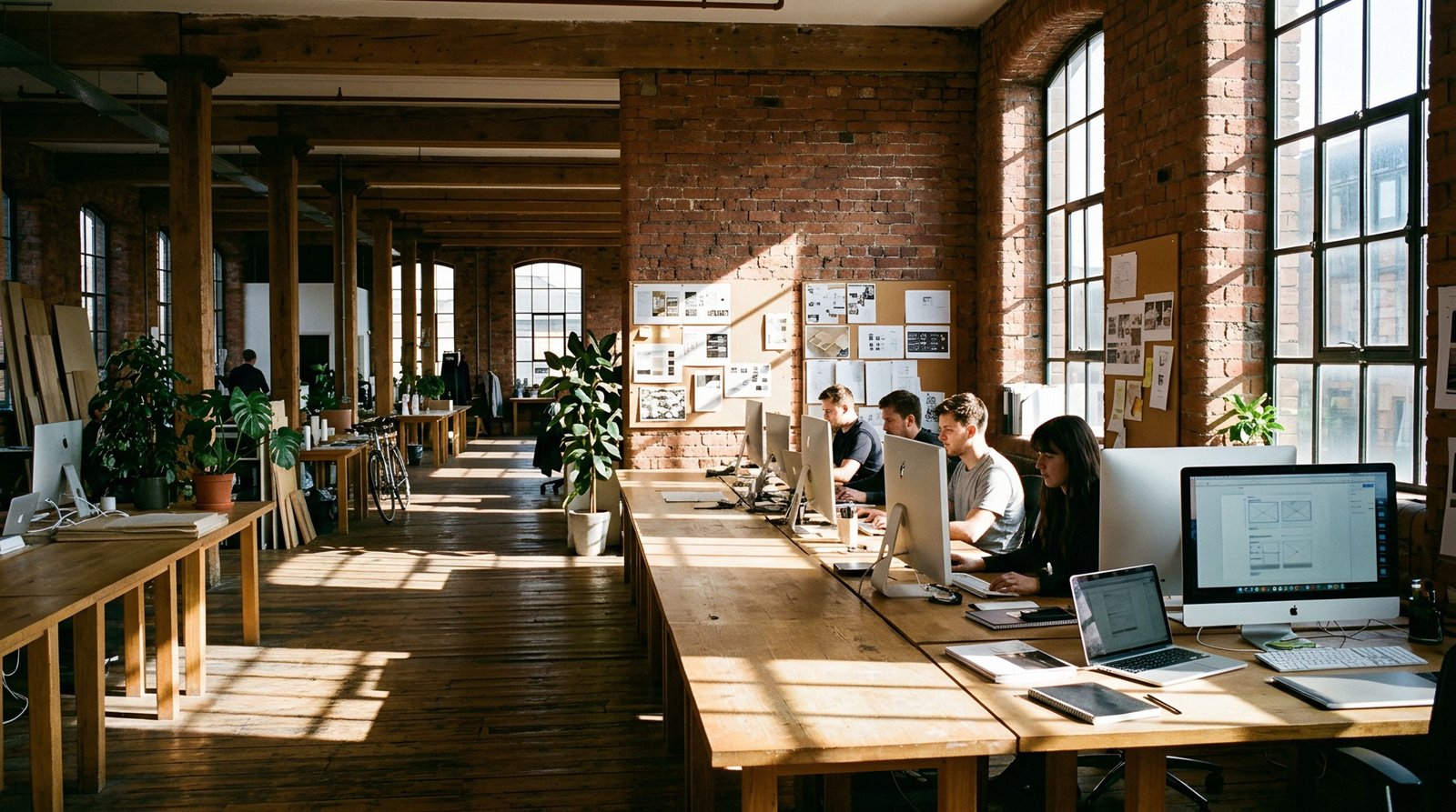 The Valden studio inside Hope Mill: long desks under tall mill windows in morning sun