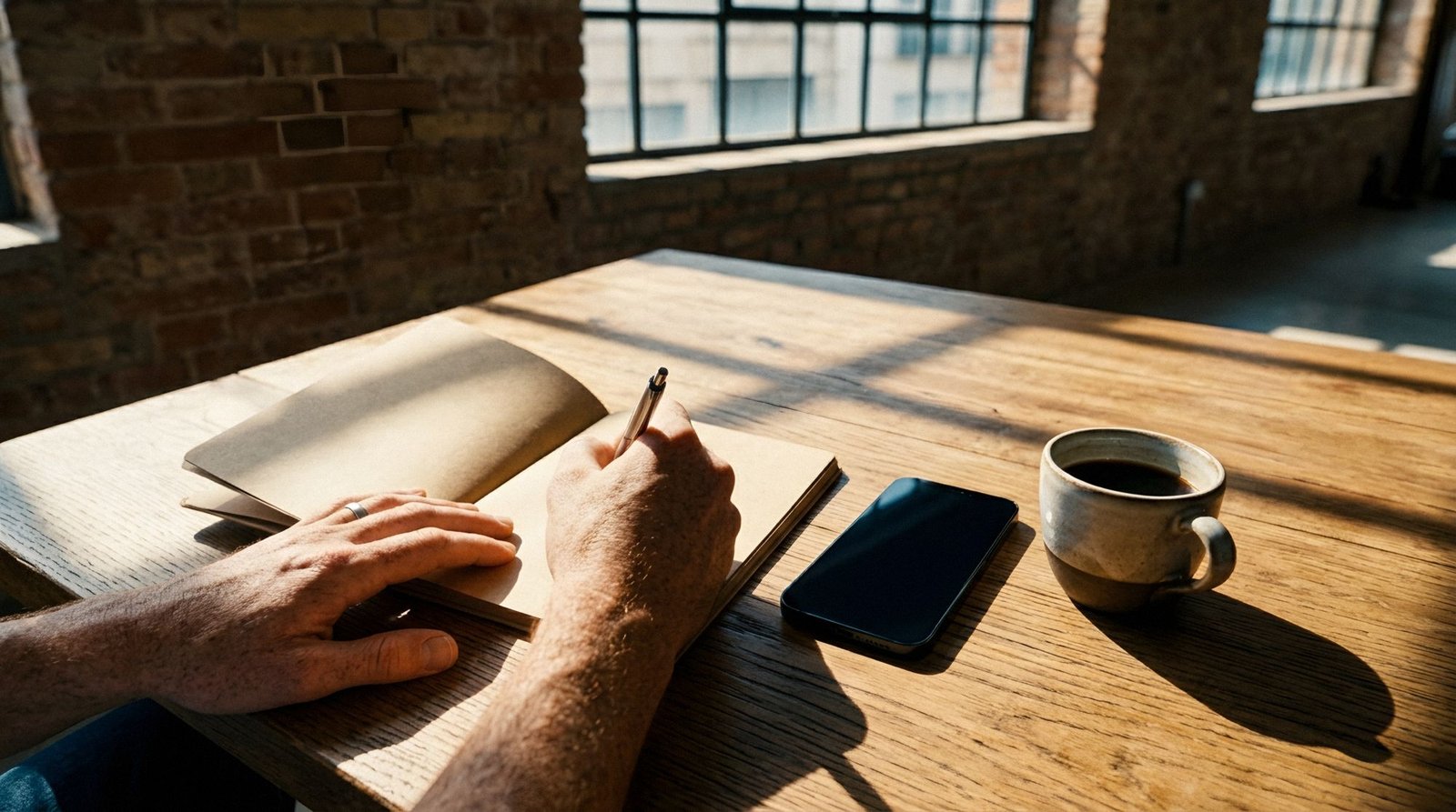 A notebook and phone on an oak desk at the Valden studio