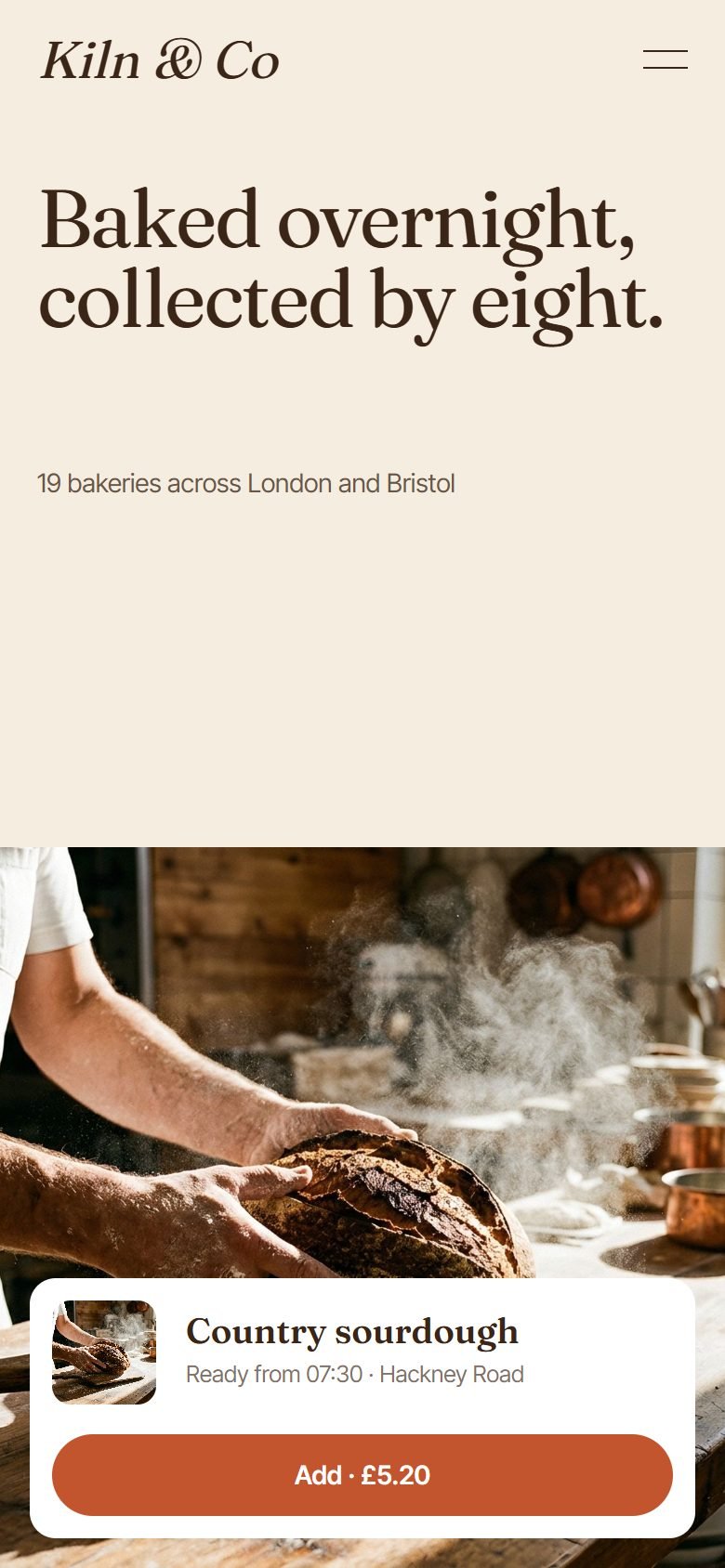 Kiln & Co homepage on a phone