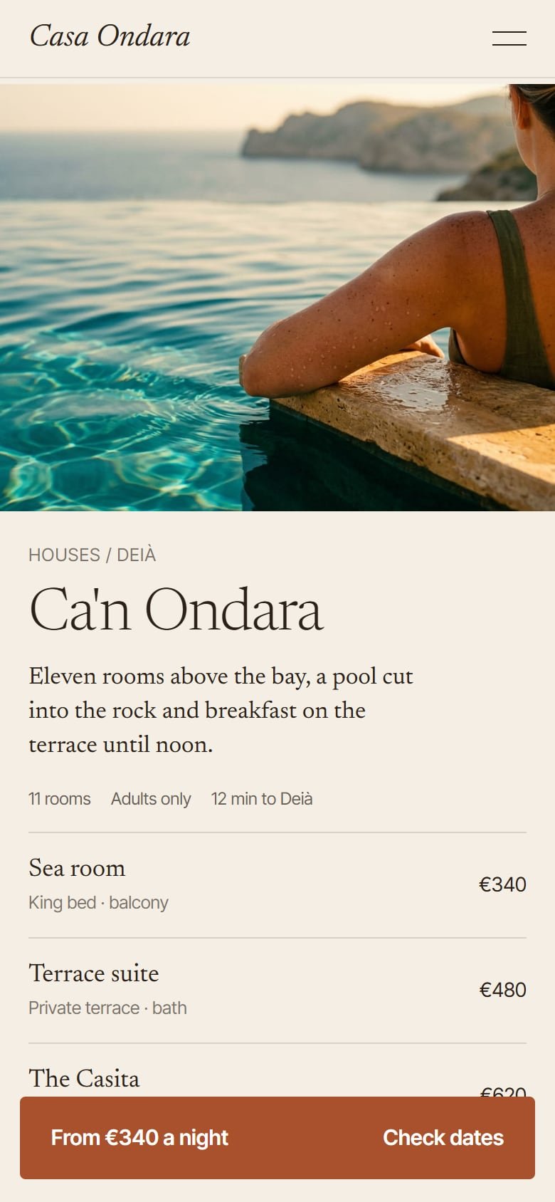 Casa Ondara inner page on a phone